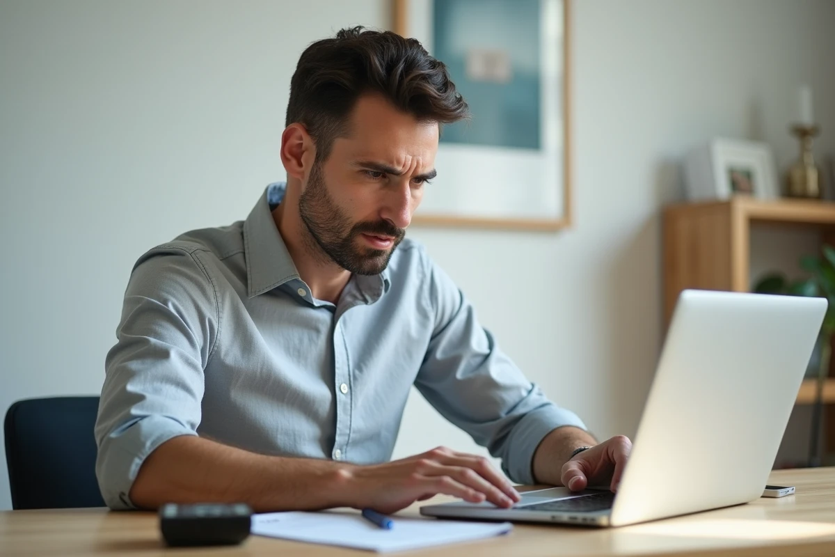 Homme consultant son bulletin de salaire et une calculatrice dans un bureau à domicile pour vérifier son solde de tout compte