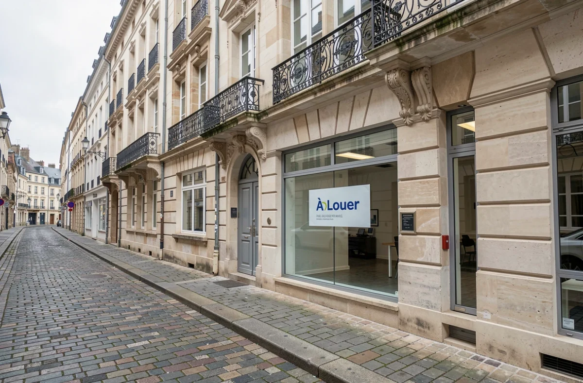 Vitrine de bureau à louer dans une rue du centre historique de Metz avec architecture lorraine