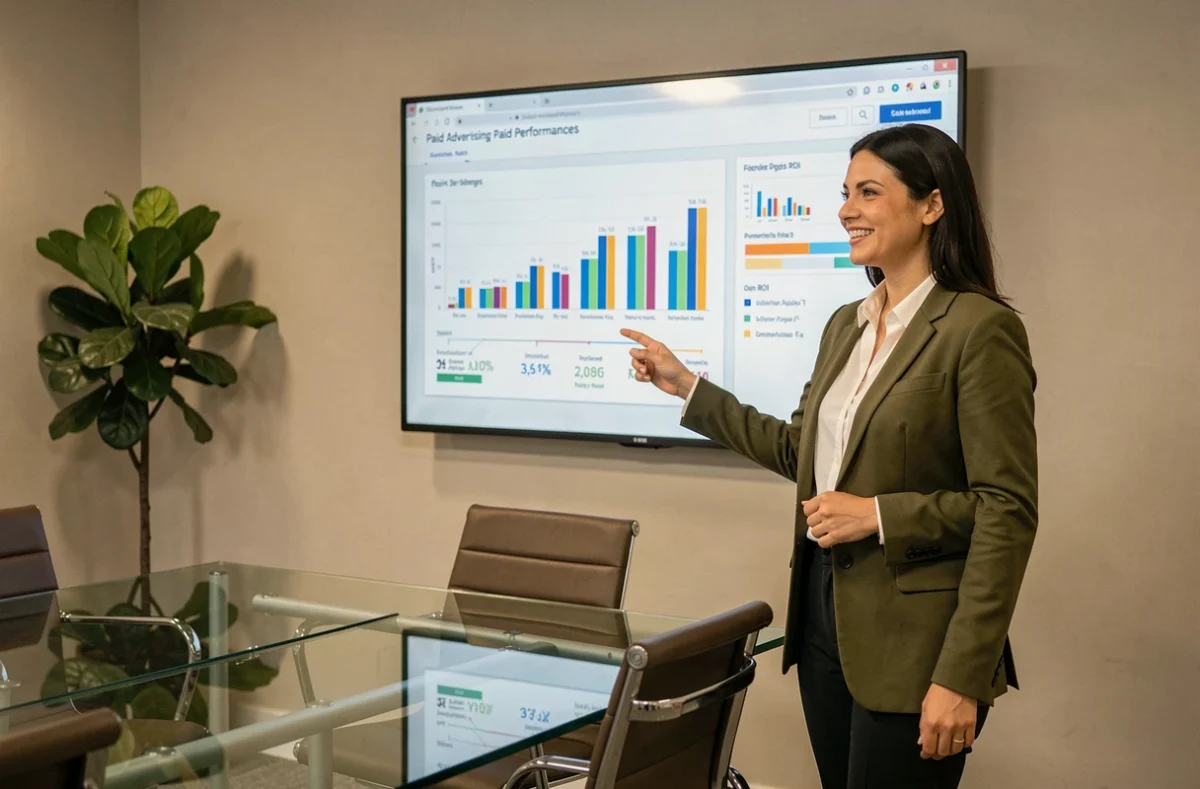 Stratège digitale présentant des résultats de campagnes publicitaires chez Wapiti Agency dans le Pas-de-Calais